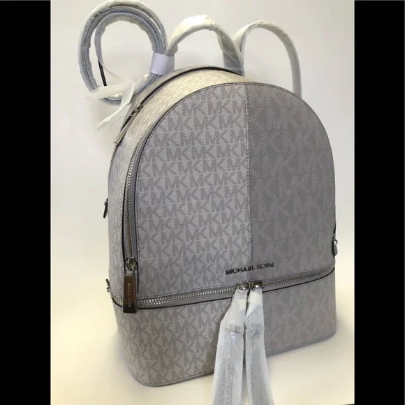 Authentic Michael Kors Brand Gray Backpack Michael Kors Kenly Leather Medium Backpack Bookbag (Pearl  main image 4